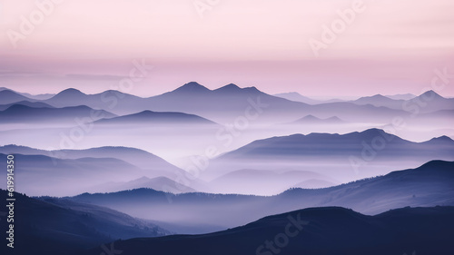 Misty mountain ranges, misty, gorgeous, sweet hues like purple and pink. A stunning landscape painting. Created with Generative AI technology. © byerenyerli