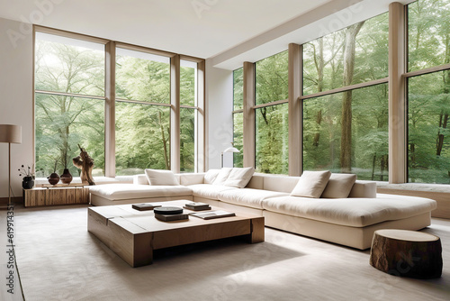 Beige corner sofa against of big windows. Minimalist interior design of modern living room in country house in forest. Created with generative AI