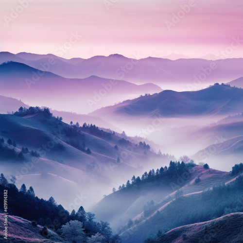 Misty mountain ranges, misty, gorgeous, sweet hues like purple and pink. A stunning landscape painting. Created with Generative AI technology.