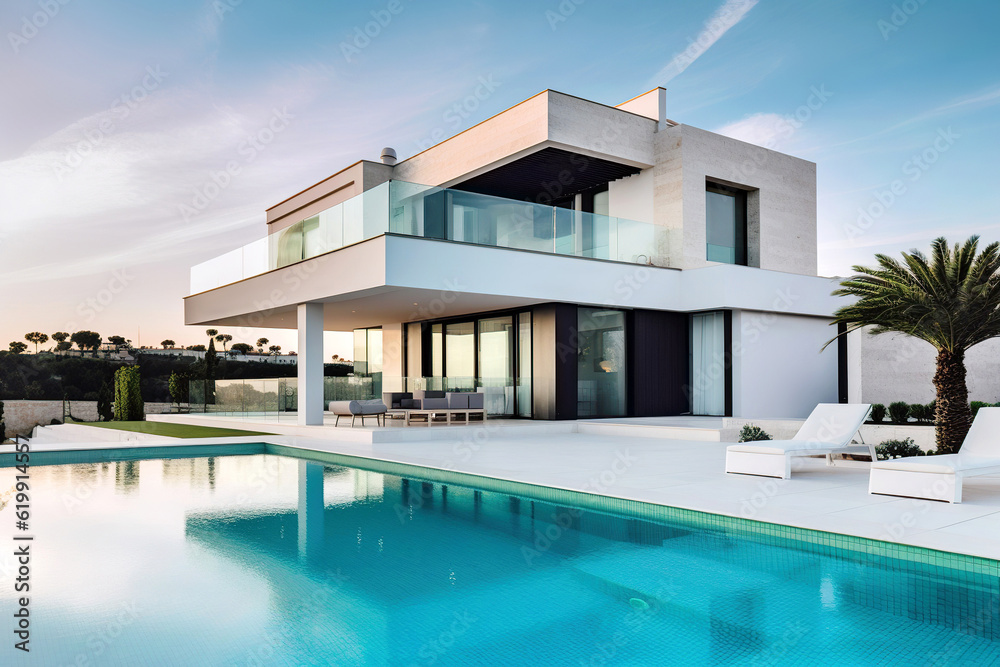 Fototapeta premium Exterior of modern minimalist cubic villa with balcony, terrace and swimming pool. Created with generative Ai