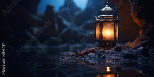 Arabic lantern with ornament floating in a dark cave at night