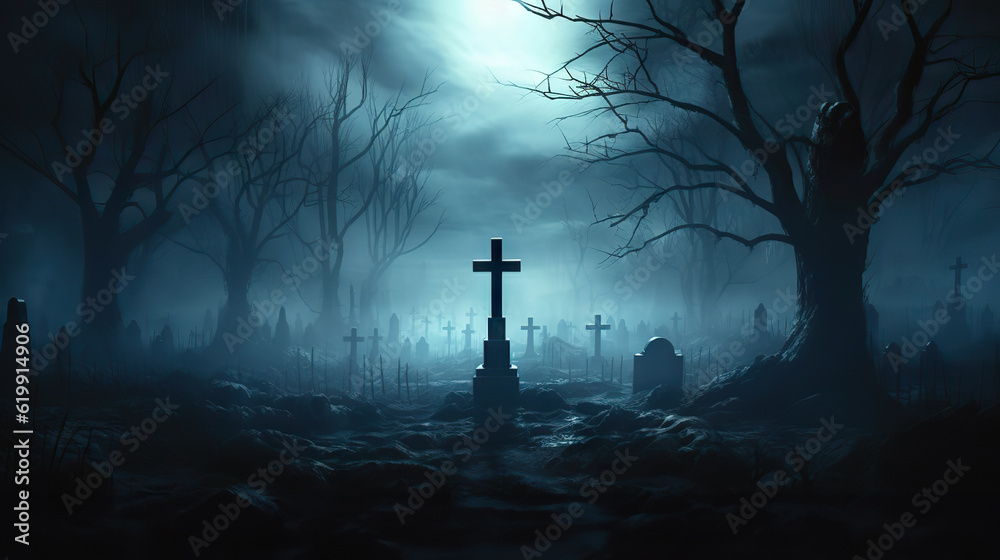 Forgotten Souls Abandoned Spooky Cemetery with Old Celtic Cross Gravestone on Dark Misty Night. created with Generative AI Forgotten Souls Abandoned Spooky Cemetery with Old Celtic Cross Gravestone on Dark Misty Night. created with Generative AI