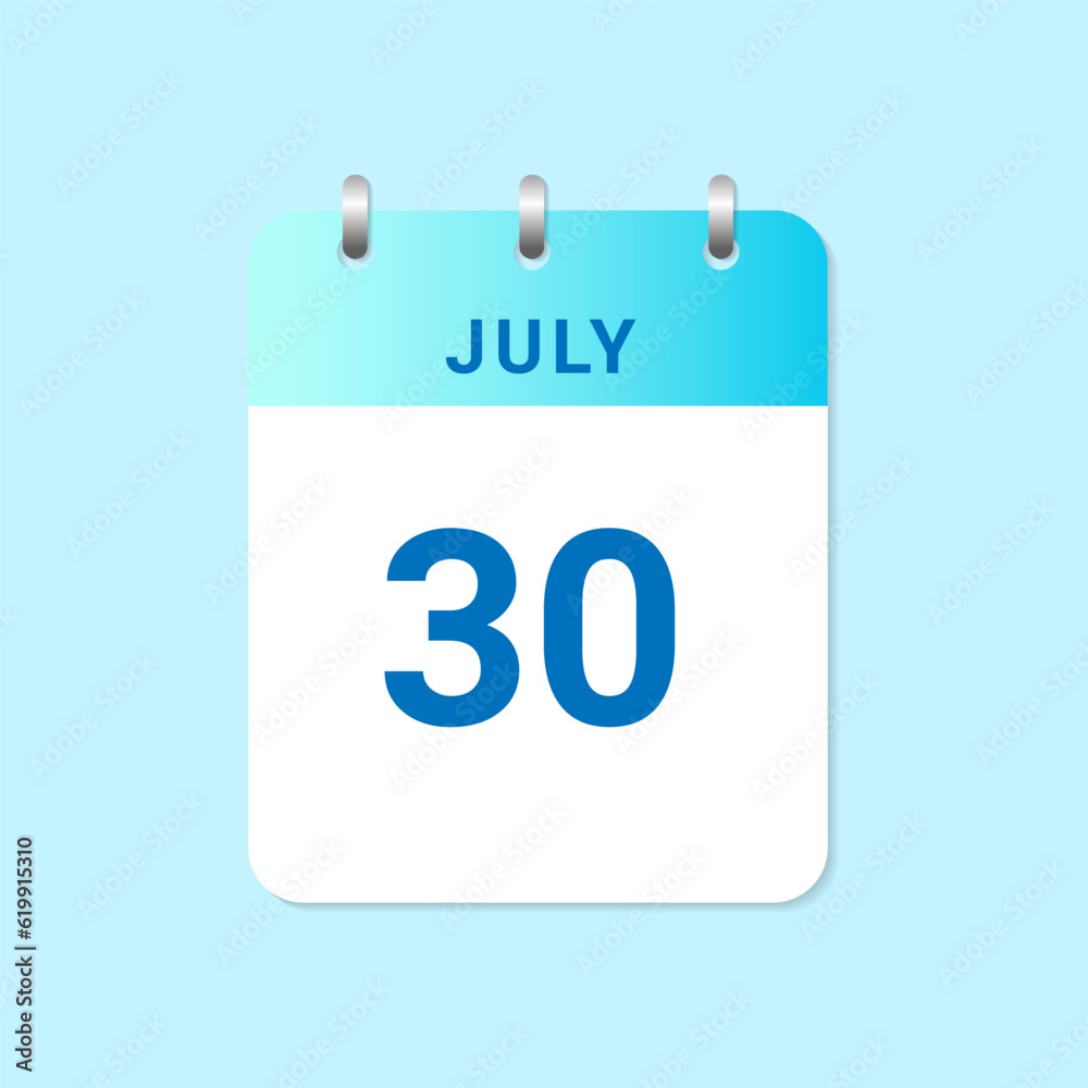 Daily calendar 30th of July month on white paper note. Daily calendar 30th of July month on white paper note.