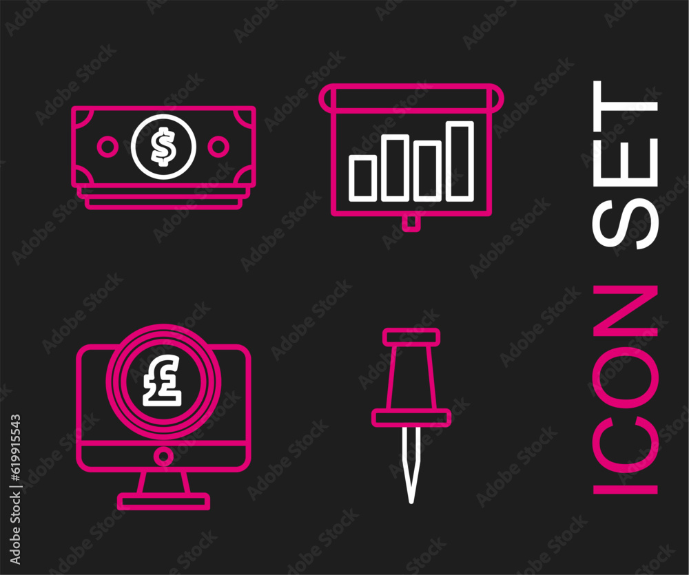 Set line Push pin, Computer monitor with pound sterling symbol, Presentation financial board graph, schedule, chart, diagram, infographic, pie graph and Stacks paper money cash icon. Vector Set line Push pin, Computer monitor with pound sterling symbol, Presentation financial board graph, schedule, chart, diagram, infographic, pie graph and Stacks paper money cash icon. Vector