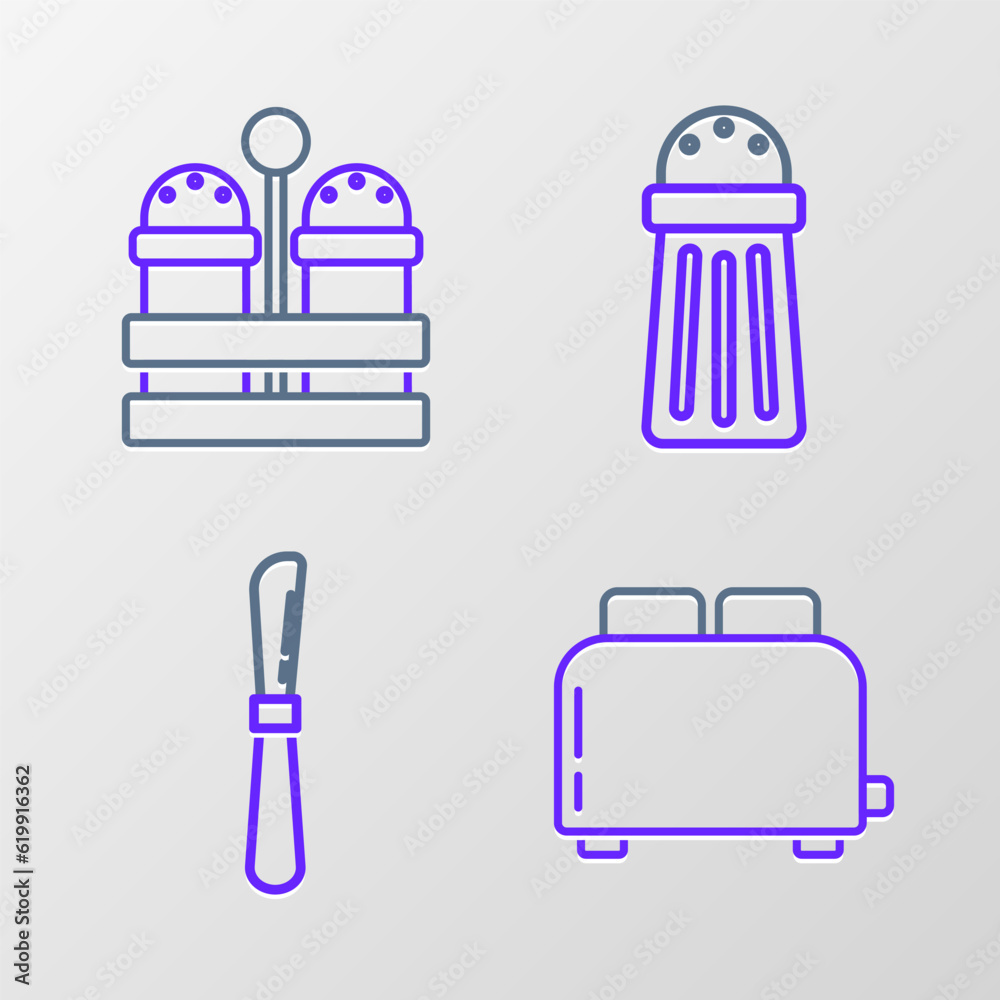 Set line Toaster with toasts, Knife, Salt and and pepper icon. Vector Set line Toaster with toasts, Knife, Salt and and pepper icon. Vector