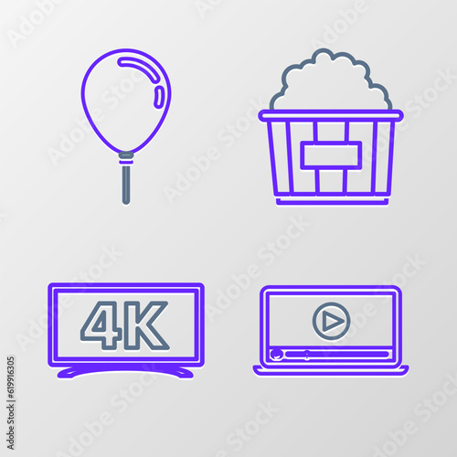 Set line Online play video, Popcorn cardboard box and Balloon with ribbon icon. Vector