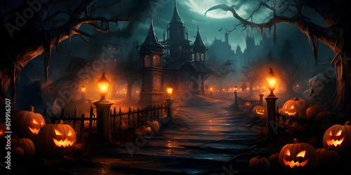 Happy Halloween Illustration background design with glowing pumpkin and dark night landscape of a graveyard under the moonlight, trees, and plakat.