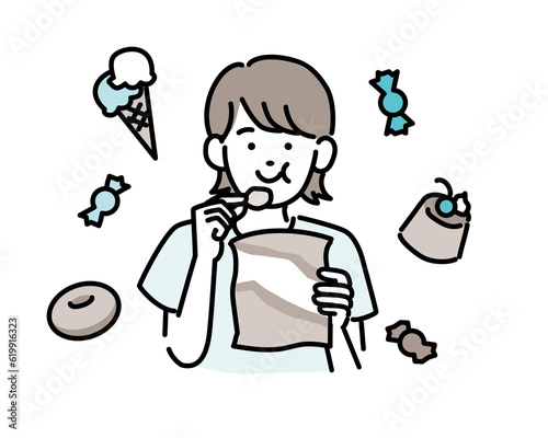 お菓子を食べる女性のイラスト