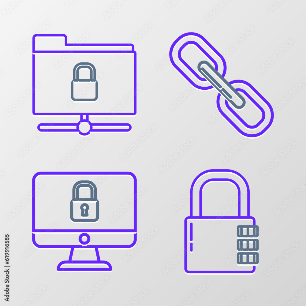 Set line Safe combination lock, Lock computer monitor screen, Chain link and FTP folder and icon. Vector Set line Safe combination lock, Lock computer monitor screen, Chain link and FTP folder and icon. Vector