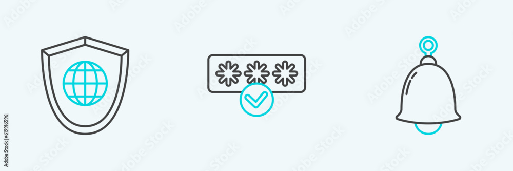 Set line Ringing bell, Shield with world globe and Password protection and safety access icon. Vector Set line Ringing bell, Shield with world globe and Password protection and safety access icon. Vector