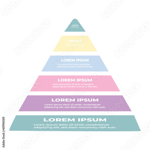 Infographic pyramid template with 6 options, beautiful pastel color chart, green, yellow, blue, pink, purple, vector illustration.