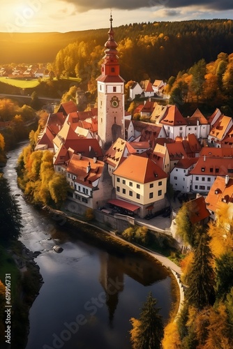 Mesmerizing Český Krumlov Aerial View with Golden Hour Glow, Exquisite Architecture, and Enchanting Lighting! Created using generative AI
