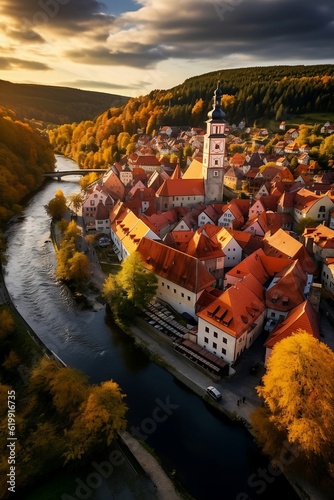 Český Krumlov's Architectural Splendor Aerial Photo Bathed in Golden Hour Glow and Mesmerizing Lighting! Created using generative AI