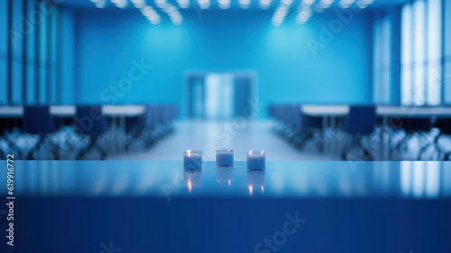 Minimalist Lit Conference Room in Shades of Blue, AI generated