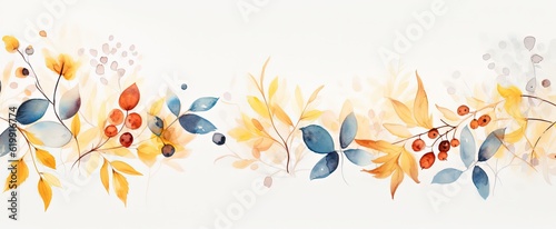 abstract Autumn foliage banner background, branch, twigs and berries, yellow blue color, Generative Ai
