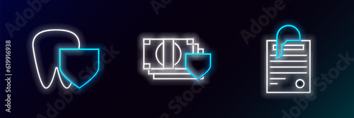 Set line File document and paper clip, Tooth with shield and Money icon. Glowing neon. Vector