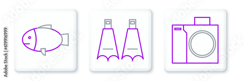 Set line Photo camera for diver, Fish and Rubber flippers swimming icon. Vector