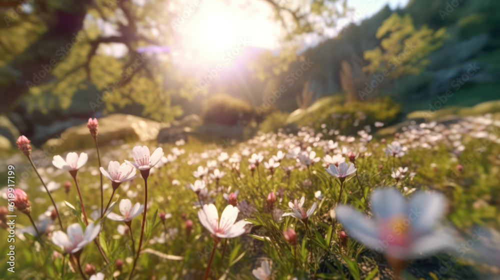 Fototapeta premium Vibrant spring scene:,Blurred background with blooming trees, AI generated
