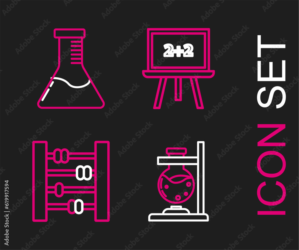 Set line Glass test tube flask on fire, Abacus, Chalkboard and Test and chemical laboratory icon. Vector Set line Glass test tube flask on fire, Abacus, Chalkboard and Test and chemical laboratory icon. Vector
