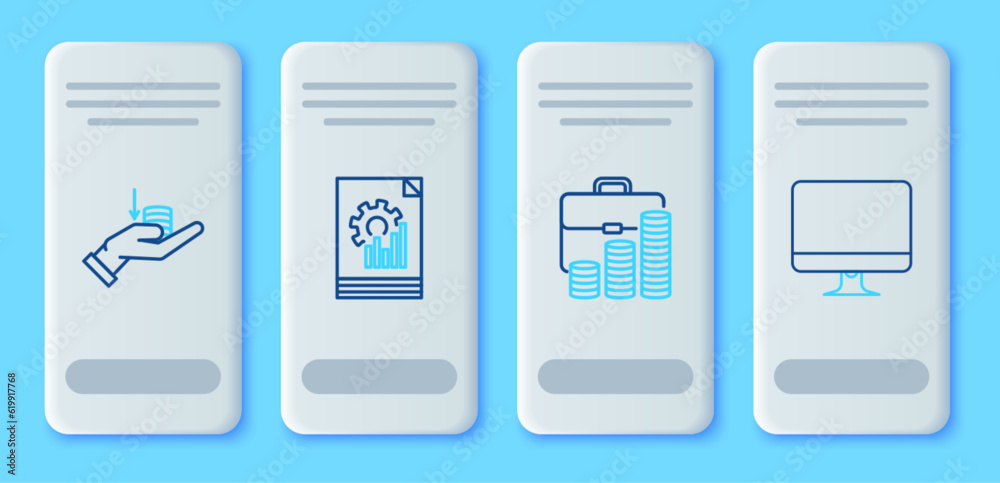 Set line Document with graph chart, Briefcase and coin, Money on hand and Computer monitor screen icon. Vector Set line Document with graph chart, Briefcase and coin, Money on hand and Computer monitor screen icon. Vector