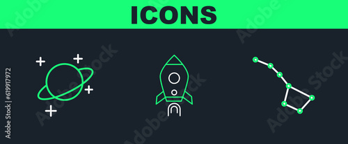 Set line Great Bear constellation, Planet and Rocket ship with fire icon. Vector