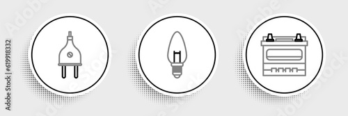 Set line Car battery, Electric plug and Light bulb icon. Vector