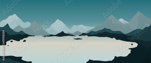 Blue mountains with lake and sky, vector art in a minimalist watercolor style. Luxury wallpaper design with mountains and water,
sketch of a mountain landscape. Design for print, packaging, poster