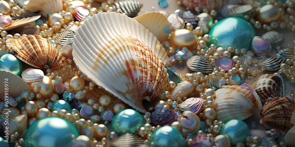 AI Generated. AI Generative. Under water sea ocean seashell jewels. Underwater diving marine nautical background pattern decoration. Graphic Art AI Generated. AI Generative. Under water sea ocean seashell jewels. Underwater diving marine nautical background pattern decoration. Graphic Art