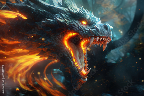 Fiery evil dragon, close-up mythological ancient fairytale creature monster and flame. Fantasy illustration © Sergio