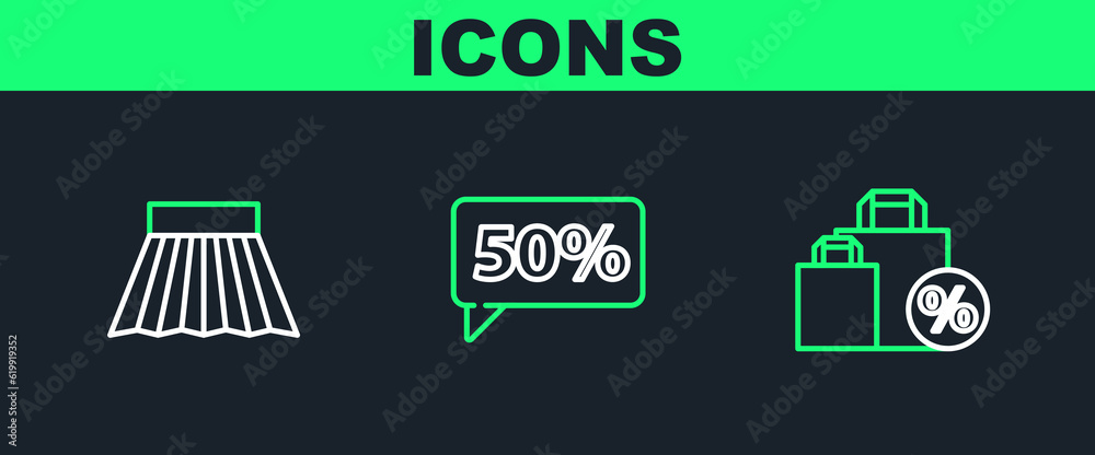 Set line Shoping bag with discount, Skirt and Fifty percent tag icon. Vector Set line Shoping bag with discount, Skirt and Fifty percent tag icon. Vector