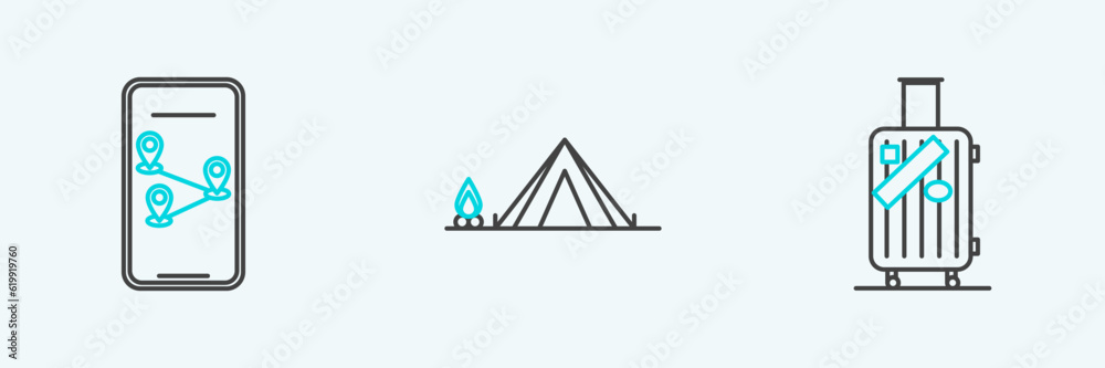 Set line Suitcase for travel and stickers, Infographic of city map navigation and Tourist tent with wood fire icon. Vector Set line Suitcase for travel and stickers, Infographic of city map navigation and Tourist tent with wood fire icon. Vector