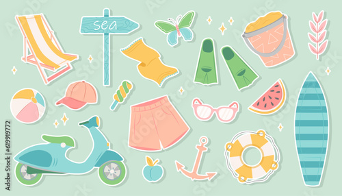 Summer stickers, cute summertime elements, tropical vacation icons. Watermelon, surf board, beach ball, bikini, moped, shots, cocktail, towel, pointer, cap, summer holiday doodles vector set