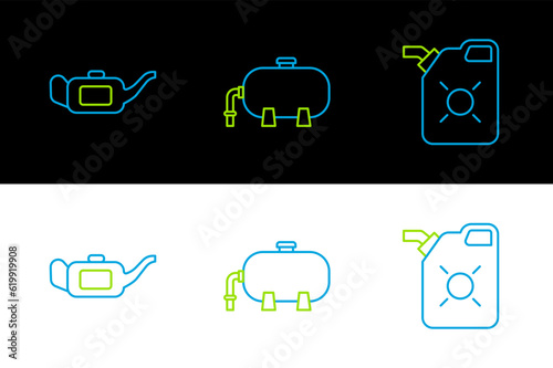 Set line Canister for motor oil, and Oil industrial factory building icon. Vector