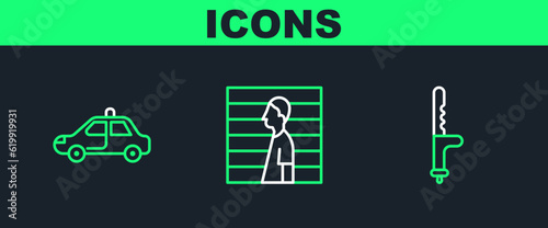 Set line Police rubber baton, car and flasher and Suspect criminal icon. Vector