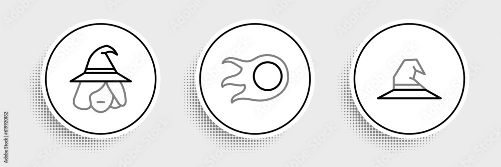 Set line Witch hat, and Fireball icon. Vector Set line Witch hat, and Fireball icon. Vector