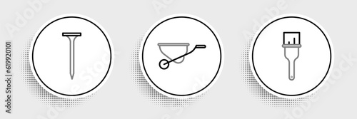 Set line Paint brush, Metallic nail and Wheelbarrow icon. Vector