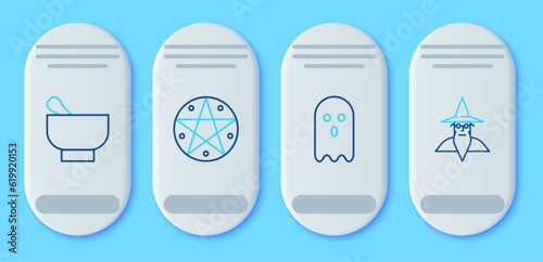 Set line Pentagram in a circle, Ghost, Magic mortar and pestle and Wizard warlock icon. Vector