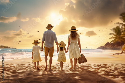 Rear view of family standing in the ocean beach Generative AI