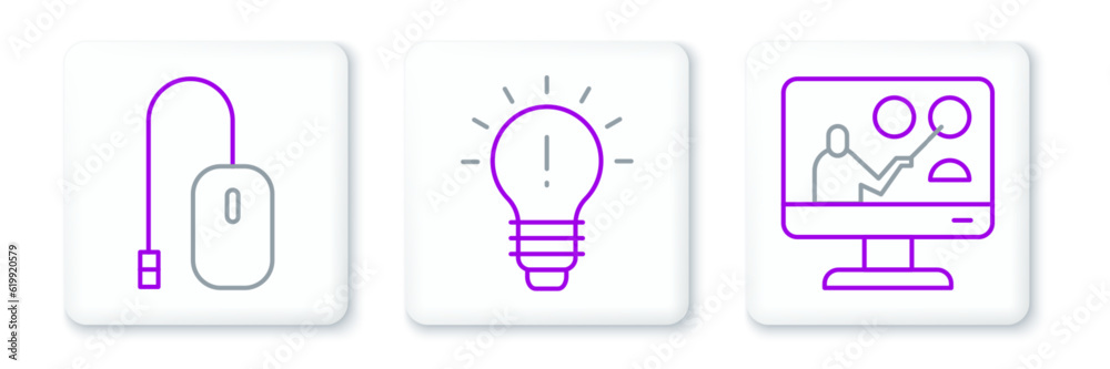 Set line Online education, Computer mouse and Light bulb with concept of idea icon. Vector Set line Online education, Computer mouse and Light bulb with concept of idea icon. Vector