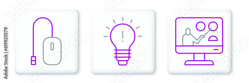 Set line Online education, Computer mouse and Light bulb with concept of idea icon. Vector