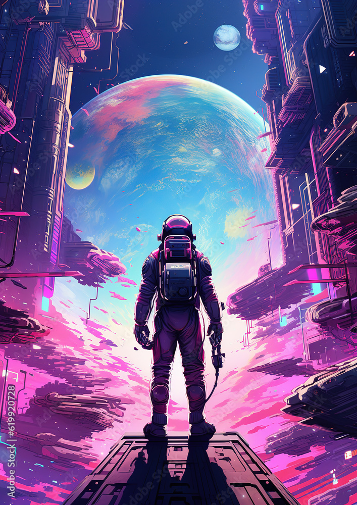 Obraz premium An astronaut in a retrofuturistic illustration, navigating a cyberpunk city, generative ai 
