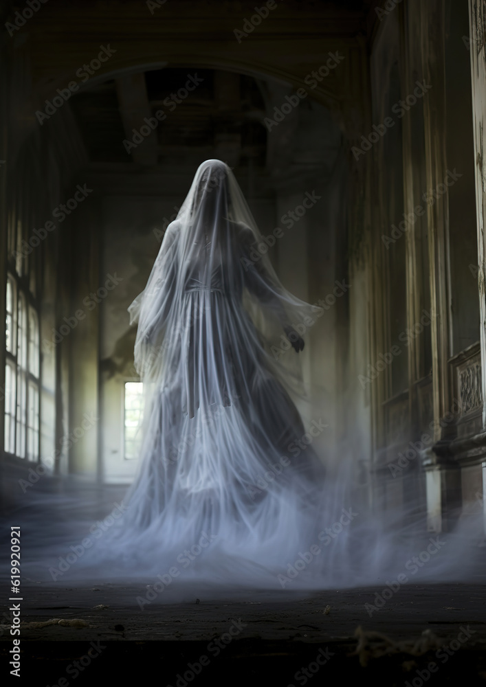 ghostly apparition floating through an old abandoned mansion, generative ai ghostly apparition floating through an old abandoned mansion, generative ai