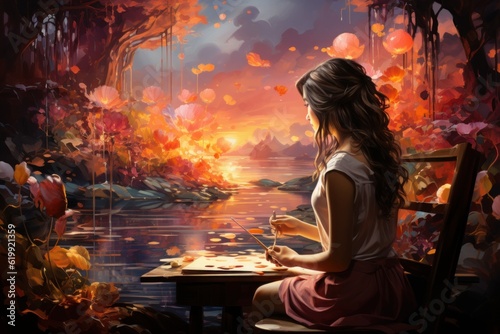 young fairytale girl gazing at a magical sunset