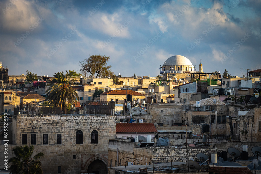 view from austrian hospice over old city of jerusalem, israel, jerusalem, old city, middle east, sunset