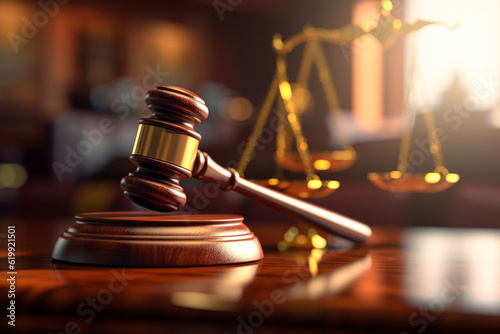 symbol of justice, scales, placed next to a judge's gavel. concepts related to the legal system, the court, or the making of judicial decisions.