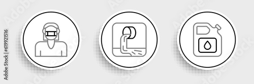 Set line Canister for gasoline, Face protective mask and Wastewater icon. Vector