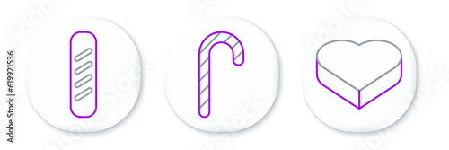 Set line Candy in heart shaped box, French baguette bread and Christmas candy cane icon. Vector