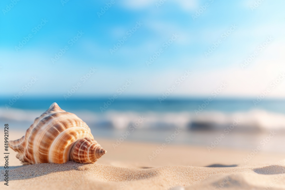seascape with a shell sitting on the sand of the ocean coast view. tourism, beach vacation, ecology seascape with a shell sitting on the sand of the ocean coast view. tourism, beach vacation, ecology