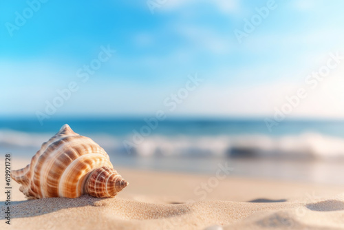 seascape with a shell sitting on the sand of the ocean coast view. tourism, beach vacation, ecology © vefimov