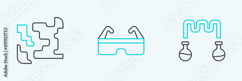 Set line Test tube and flask, Gaseous and Safety goggle glasses icon. Vector